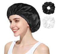 AOGOE Gorros de Satén para Dormir, Gorro de Seda Ajustable, Gorro para Dormir Suave de Satén con 2 Banda para Cabello, Gorros de Dormir de Seda Hebilla de Ajuste Invisible para Mujeres y Niñas (Negro)