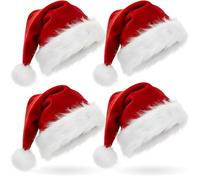 AOGU Pack de 4 Gorro de Papá Noel de Felpa de Terciopelo Rojo para Navidad, Adultos y niños