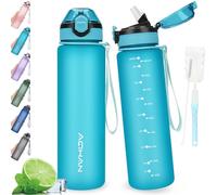 AOHAN Botella de agua con tapa abatible a prueba de fugas, botella deportiva sin BPA con popote, botella de agua apta para lavavajillas, jarra de agua no tóxica con correa de transporte