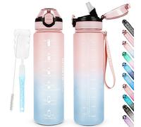 AOHAN Botellas de agua de 1 litro sin BPA, botella deportiva con popote, apta para lavavajillas botella de agua motivacional con marcas de tiempo, botella de comedor