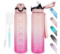 AOHAN Botellas de agua de 1 litro sin BPA, botella deportiva con popote, apta para lavavajillas botella de agua motivacional con marcas de tiempo, botella de comedor