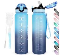AOHAN Botellas de agua de 1 litro sin BPA, botella deportiva con popote, apta para lavavajillas botella de agua motivacional con marcas de tiempo, botella de comedor
