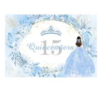 Aoihrraan 2,2x1,5m Feliz Cumpleaños Telón Fondo Quinceañera 15A Flores Azules Vestido Corona Lentejuelas Oro Puntos Fotografía Fondo Princesa Chica Aniversario Pastel Decoración Mesa Foto Estudio Prop