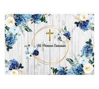 Aoihrraan 2,7x1,8m Dios Bendiga Fotografía Fondo Muchachos Bautismo Fiesta Primero Comunión Bautizo Azul Flor Dorado Cruz Madera Pared Fondo Recién Nacido Bebé Ducha Decoración Retrato Foto Atrezzo