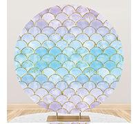 Aoihrraan 220cm Diámetro Sirena Ronda Fondo para fotografía Brillos Escamas Violeta Azul Degradado Pintado Fondo para niño Cumpleaños Torta Aplastante Fiesta Baby Shower Foto Atrezzo