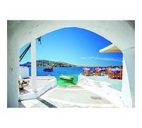 Aoihrraan 3x2,5m Fondo de la Isla de Santorini Grecia Oia Ciudad Puerto Montañas Mar Barco Naturaleza Paisaje Fotografía Fondo Boda Ducha Nupcial Decoración Niños Adultos Retrato Foto Props