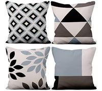 Aoihrraan 40x40cm Juego DE 4 Fundas DE Cojin Azul Blanco Negro Moderno Geométrico Patrón Cuadrado Decorativo Corto Felpa Suave Funda De Almohada Cortijo Dormitorio Exterior Canapé Jardín Patio Sofá