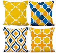Aoihrraan 40x40cm Juego de 4 Fundas de Cojin Moderno Geométrico Patrón Cuadrado Corto De Felpa Funda De Almohada Decoración Hogar para Exterior Dormitorio Canapé Jardín Patio Sofá, Amarillo Azul