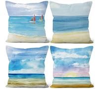 Aoihrraan 40x40cm Juego DE 4 Fundas DE Cojin Verano Amanecer Mar Azul Playa Velero Cuadrado Decorativo Corto Felpa Suave Funda De Almohada Dormitorio Exterior Jardín Canapé Balcón Silla Patio Sofá
