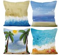 Aoihrraan 40x40cm Juego DE 4 Fundas DE Cojin Verano Playa Mar Azul Palmera Cuadrado Decorativo Corto De Felpa Suave Funda De Almohada Dormitorio Exterior Jardín Canapé Balcón Silla Patio Sofá Coche