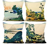 Aoihrraan 40x40cm Juego de 4 Japonés Lámina Artística Fundas de Cojin 36 Vistas del Monte Fuji Naturaleza Cuadrado Corto De Felpa Suave Funda De Almohada Taberna Japonesa Tatami Cama Exterior Sofá