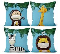 Aoihrraan 40x40cm Juego de 4 Lindo Dibujos Animados Animal Fundas de Cojin Forêt Singe Girafe Floral Plante Cuadrado Corto De Felpa Suave Bebé Azul Funda De Almohada Cabrito Fiesta Sofá Dormitorio