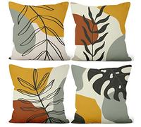 Aoihrraan 41x41cm Juego de 4 Bohemio Fundas De Cojín Palmera Hoja Minimalista Rústico Bohemio Resumen Medio Siglo Cuadrado Lino Funda De Almohada Casa De Campo Sofá Sala De Estar Exterior Jardín Sofá