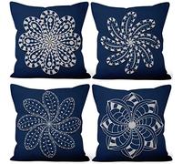 Aoihrraan 41x41cm Juego de 4 Fundas de Cojin Blanco Bohemio Mándala Flor Azul Oscuro Cuadrado Lino Funda De Almohada Decoración Hogar para Dormitorio Sala De Estar Sofá Exterior Patio Jardín Silla