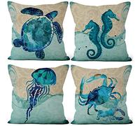 Aoihrraan 41x41cm Juego De 4 Fundas De Cojin Mundo Submarino Animales Cuadrado Lino Decorativo Funda De Almohada Decorar del Hogar Sala De Estar Sofá Patio Jardín Al Aire Libre Silla Cama Coche