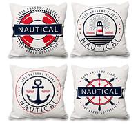 Aoihrraan 41x41cm Juego de 4 Fundas de Cojin Náutico Ancla Faro Boya Salvavidas Blanco Cuadrado Lino Verano Decorativo Funda De Almohada para Sala De Estar Sofa Dormitorio Exterior Jardín Sillas