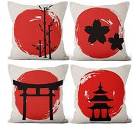 Aoihrraan 41x41cm Juego De 4 Fundas De Cojin Negro Edificios Flor De Cerezo Rojo Cuadrado Lino Decorativo Funda De Almohada Taberna Japonesa Cama Tatami Decoración del Hogar Sofá Sala De Estar Silla