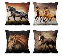 Aoihrraan 41x41cm Juego de 4 Manada De Caballos Fundas De Cojín Realista Animales Correr Caballo Cuadrado Lino Funda De Almohada Decoración Hogar para Casa De Campo Cama Sala Exterior Jardín Sofá
