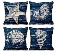 Aoihrraan 41x41cm Juego de 4 Mar De La Vendimia Fundas De Cojín Concha Estrella Mar Arenoso Playa Imprimir Patrón Cuadrado Lino Funda De Almohada para Oceano Temática Sala Dormitorio Exterior Sofá