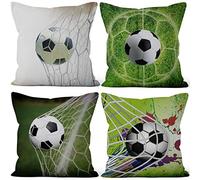 Aoihrraan 41x41cm Juego de 4 Partido De Fútbol Fundas De Cojín Disparar El GOL Verde Césped Fútbol Campo Cuadrado Lino Funda De Almohada Decoración para Deporte Chico Sofá Dormitorio Exterior Sofá