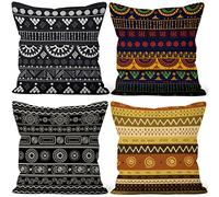 Aoihrraan 45x45cm Juego DE 4 Estilo Boho Fundas DE Cojin Negro Amarillo Decorativo Indio Retro Patrón Cuadrado Decorativo Corto De Felpa Suave Funda De Almohada Cortijo Dormitorio Canapé Patio Sofá