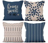 Aoihrraan 45x45cm Juego DE 4 Fundas DE Cojin Azul Blanco Hogar Moderno Geométrico Patrón Cuadrado Decorativo Corto Felpa Suave Funda De Almohada Cortijo Dormitorio Exterior Jardín Canapé Patio Sofá