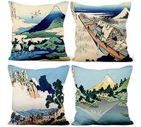 Aoihrraan 45x45cm Juego de 4 Japonés Lámina Artística Fundas de Cojin 36 Vistas del Monte Fuji Mar Bahía Naturaleza Vida Cuadrado Corto De Felpa Suave Funda De Almohada Sala De Estar Tatami Cama