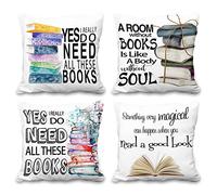 Aoihrraan 45x45cm Juego de 4 Libro Fundas De Cojín Necesito Todos Estos Libros Cuadrado Decorativo Corto Felpa Suave Funda De Almohada Leer Habitación Escuela Oficina Biblioteca Exterior Jardín Sofá
