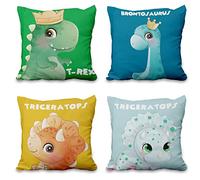 Aoihrraan 46x46cm Juego de 4 Lindo Dinosaurio Fundas De Cojín Dibujos Animados Pequeño Dinosaurio Cuadrado Lino Funda De Almohada Decoración Hogar para Niños Sofá Cama Sala Música Fiesta Decoración