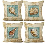 Aoihrraan 46x46cm Juego de 4 Mediterráneo Estilo Fundas De Cojín Retro Mar Concha Conchas Cuadrado Lino Decorativo Funda De Almohada Niño Dormitorio Sala De Estar Interior Exterior Sofá Canapé