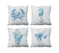 Aoihrraan 46x46cm Juego de 4 Tema Azul Costero Fundas De Cojín Acuarela Concha Mar Tortuga Pez Caballo De Mar Cangrejo Cuadrado Lino Funda De Almohada Decoración Hogar Para Sala De Estar Exterior Sofá