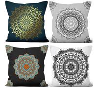 Aoihrraan 50x50cm Juego DE 4 Estilo Boho Fundas DE Cojin Negro Blanco Bohemio Mándala Flores Patrón Cuadrado Corto Felpa Suave Funda De Almohada Cortijo Dormitorio Exterior Canapé Jardín Patio Sofá