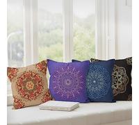 Aoihrraan 50x50cm Juego DE 4 Estilo Boho Fundas DE Cojin Negro Violeta Bohemio Mándala Flores Patrón Cuadrado Corto Felpa Suave Funda De Almohada Cortijo Dormitorio Exterior Canapé Jardín Patio Sofá