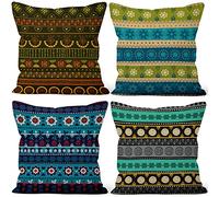 Aoihrraan 50x50cm Juego DE 4 Estilo Boho Fundas DE Cojin Verde Azul Decorativo Indio Retro Patrón Cuadrado Corto De Felpa Suave Funda De Almohada Cortijo Dormitorio Exterior Canapé Jardín Patio Sofá