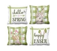 Aoihrraan 50x50cm Juego de 4 Felices Pascua Fundas De Cojín Bicicleta Flor Conejito Verde Blanco Búfalo Tartán Cuadrado Decorativo Corto Felpa Suave Funda De Almohada Primavera Exterior Jardín Sofá