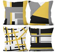 Aoihrraan 50x50cm Juego de 4 Fundas de Cojin Amarillo Gris Blanco Moderno Geométrico Patrón Cuadrado Decorativo Corto De Felpa Suave Funda De Almohada Dormitorio Exterior Jardín Canapé Patio Sofá