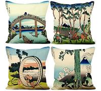 Aoihrraan 50x50cm Juego de 4 Japonés Lámina Artística Fundas de Cojin 36 Vistas del Monte Fuji Árbol Puente Cuadrado Corto De Felpa Suave Funda De Almohada Taberna Japonesa Tatami Exterior Sofá
