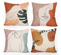 Aoihrraan 51x51cm Juego de 4 Arte Abstracto Fundas De Cojín Morandi Mujer Rostro Línea Estilo Naranja Cuadrado Lino Funda De Almohada Decoración Hogar para Sofá Auto Exterior Jardín Dormitorio Sofá