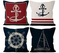 Aoihrraan 51x51cm Juego De 4 Fundas De Cojin Barco Ancla Timón Velero Azul Cuadrado Lino Decorativo Funda De Almohada Decorar del Hogar Sala De Estar Sofá Patio Jardín Al Aire Libre Silla Cama