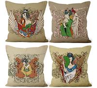 Aoihrraan 51x51cm Juego De 4 Fundas De Cojin Estilo Japones Kioto Chicas Geishas Floral Patrón Cuadrado Lino Decorativo Funda De Almohada Taberna Japonesa Cama Tatami Hogar Sofá Sala De Estar Silla