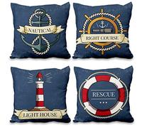 Aoihrraan 51x51cm Juego de 4 Fundas de Cojin Náutico Rescate Correcto Curso Faro Cuadrado Lino Verano Decorativo Funda De Almohada para Cama Sofa Sala De Estar Dormitorio Cojines Jardín Sillas