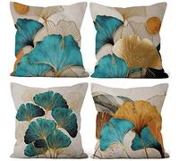 Aoihrraan 51x51cm Juego De 4 Fundas De Cojin Verde Y Oro Hojas Modernas Cuadrado Lino Decorativo Funda De Almohada Decorar del Hogar Sala De Estar Sofá Patio Jardín Al Aire Libre Cama Coche Silla