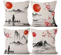 Aoihrraan 51x51cm Juego de 4 Japonés Fundas de Cojin Rojo Sol En Blanco Y Negro Paisaje Monte Fuji Cuadrado Lino Funda De Almohada Taberna Japonesa Cama Tatami Dormitorio Exterior Jardín Sofá Coche