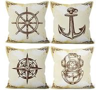 Aoihrraan 51x51cm Juego de 4 Mediterráneo Estilo Fundas De Cojín Retro Náutico Ancla Timón Velero Nostálgico Cuadrado Lino Decorativo Funda De Almohada Dormitorio Exterior Jardín Sofá Canapé