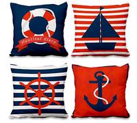 Aoihrraan 51x51cm Juego de 4 Océano Fundas de Cojin Náutico Ancla Velero Boya Salvavidas Azul Rojo Cuadrado Lino Verano Decorativo Funda De Almohada para Sofa Sala De Estar Dormitorio Cojines Coche