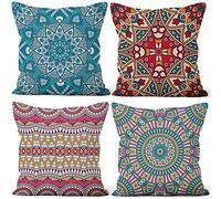 Aoihrraan 55x55cm Juego DE 4 Estilo Boho Fundas DE Cojin Azul Rosado Bohemio Mándala Flores Patrón Cuadrado Decorativo Corto De Felpa Suave Funda De Almohada Cortijo Dormitorio Exterior Canapé Sofá