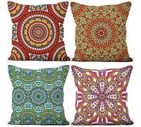 Aoihrraan 55x55cm Juego DE 4 Estilo Boho Fundas DE Cojin Rojo Verde Bohemio Mándala Flores Patrón Cuadrado Corto De Felpa Suave Funda De Almohada Cortijo Dormitorio Exterior Canapé Balcón Patio Sofá