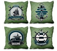 Aoihrraan 56x56cm Juego de 4 Mar Fundas de Cojin Náutico Ancla Faro Aeronave Transportador Verde Cuadrado Lino Verano Decorativo Funda De Almohada Cama Sofa Sala De Estar Dormitorio Cojines Coche
