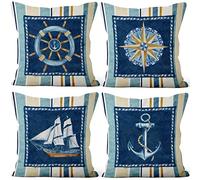 Aoihrraan 56x56cm Juego de 4 Náutico Navegación Fundas De Cojín Ancla Marinero Timón Brújula Velero Barco Impresión Cuadrado Lino Decorativo Funda De Almohada Dormitorio Sala De Estar Exterior Sofá