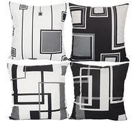 Aoihrraan 60x60cm Juego de 4 Fundas de Cojin Negro Blanco Moderno Geométrico Patrón Cuadrado Decorativo Corto De Felpa Suave Funda De Almohada Dormitorio Exterior Jardín Canapé Patio Sofá